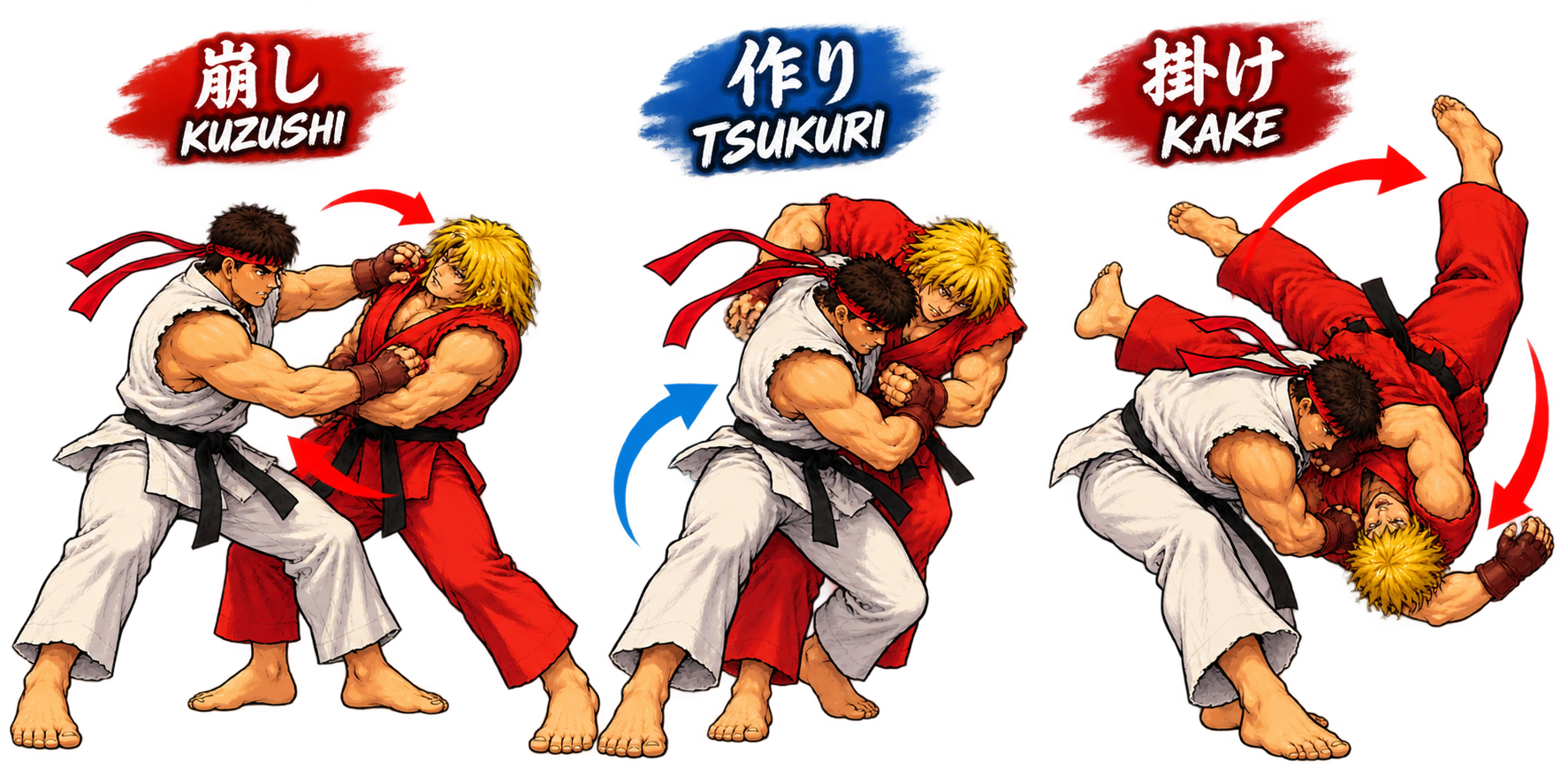 Triptico comic de Ippon Seoi Nage dividido en kuzushi, tsukuri y kake